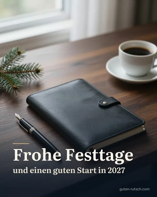 Schreibtisch mit Füller, Notizbuch, Kaffeetasse und Tannenzweig, darauf der Gruß „Frohe Festtage und einen guten Start in 2027“