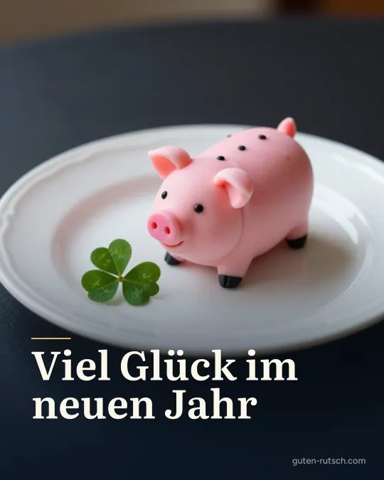 Marzipanschwein auf einem Teller neben einem vierblättrigen Kleeblatt, darauf der Gruß „Viel Glück im neuen Jahr“