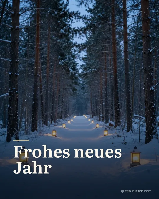 Verschneiter Waldweg mit Laternen in der blauen Stunde, darauf der Gruß „Frohes neues Jahr“
